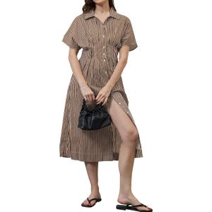 MISSACTIVER Button Front Pleated Shirt Dress for Women Summer Striped Short Sleeve Lapel V Neck Corset Maxi Dress (Small, Brown)