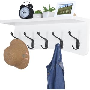 TEG01B Coat Rack Wall Mount with Shelf and 5 Hooks - 17-Inch Heavy Duty Pine Wood Entryway Rack - For Mudroom, Kitchen, Bathroom (White (TEG1))