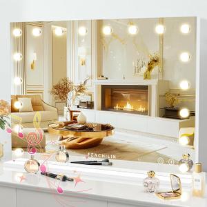 FENCHILIN Vanity Mirror with Lights 32''x23'' Tempered Glass Large Hollywood Mirror with 18 Dimmable Bulbs for Makeup Table/Hanging Bluetooth Speaker Mirror with Touch Screen & USB Charge Port