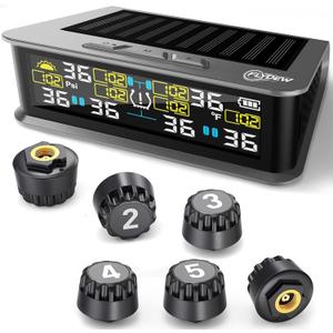 RV Tire Pressure Monitoring System, TPMS with 6 Sensors & 6 Alarm Modes, 0-144 PSI 1.5PSI, Solar/USB Charging for Dually Trucks & Heavy-Duty Trailers