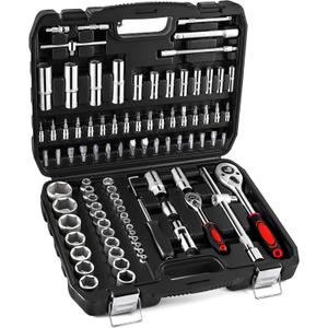 XHTT 94 Piece Tools For Mechanics,Metric And Standard 1/4,1/2 Socket Set,And Ratchet Set,Universal Joint,Extension Bars And Quick Release Reversible Ratchet Wrench,Plastic Toolbox Storage.