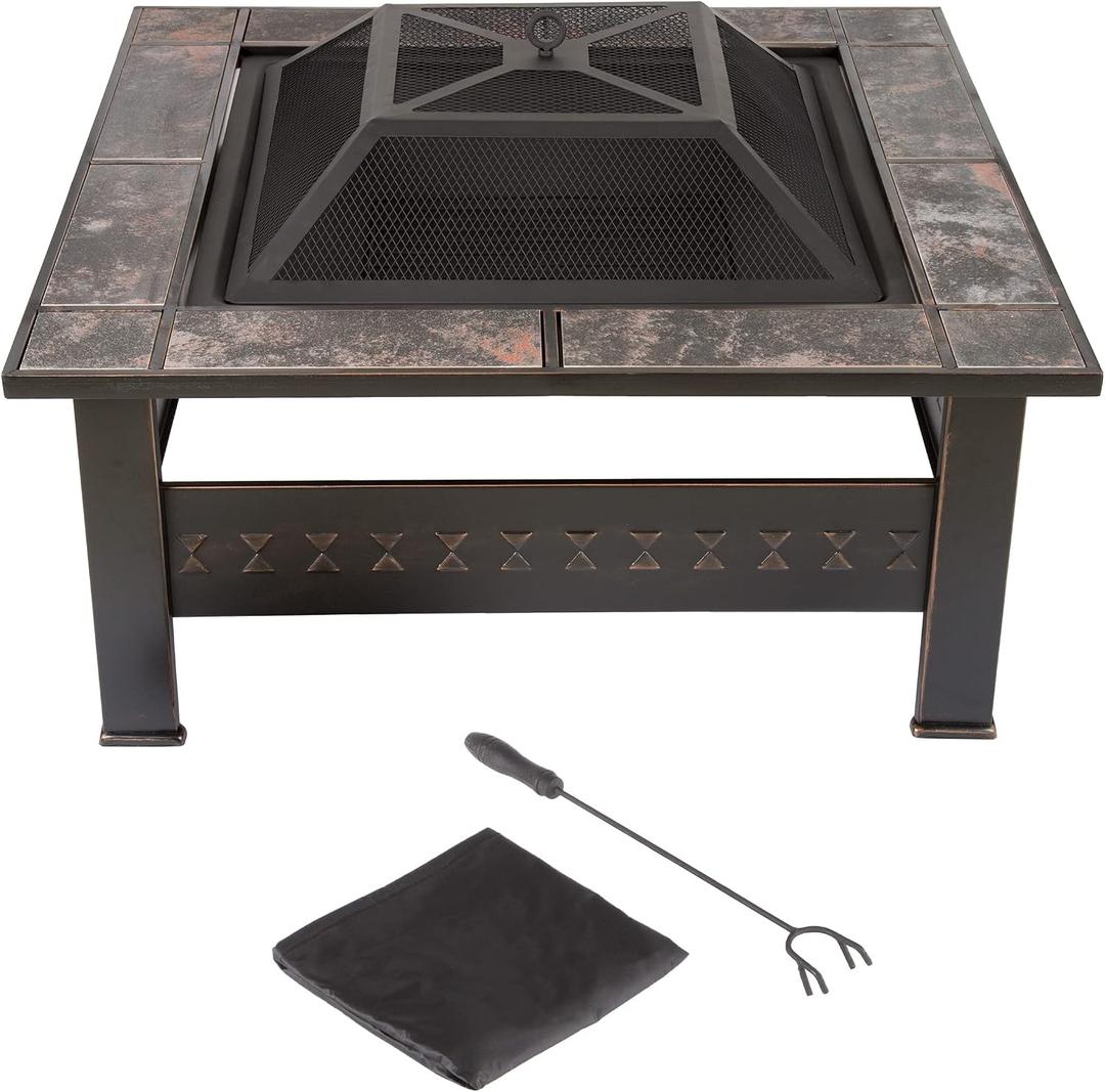 Fire Pit - 32-Inch Outdoor Firepit Table with Screen, Cover, and Poker - Outdoor Fire Pits for Backyard, Deck, Patio, or Porch by Pure Garden (Bronze)