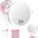 vpu 30X/1X Wall Mounted Magnifying Makeup Mirror with Power Suction Cup, Rechargeable Double Sided Regular HD/Magnification 3 Color Modes Adjustable Brightness Mirror with Lights for Bathroom, Travel (Rose Gold)