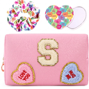 Initial Makeup Bag with Mirror & Hair Scrunchies, Personalized Monogram Custom Cosmetic Bag Travel Toiletry Pouch, Birthday Gifts for Her Women Bridesmaid Teacher (S), 2 Pack