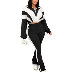 Vssjavun Women 2 Piece Outfit Color Block Long Sleeve Zip Drawstring Cropped Jacket Bodycon Long Pants Set Sweatsuit (Black, L)