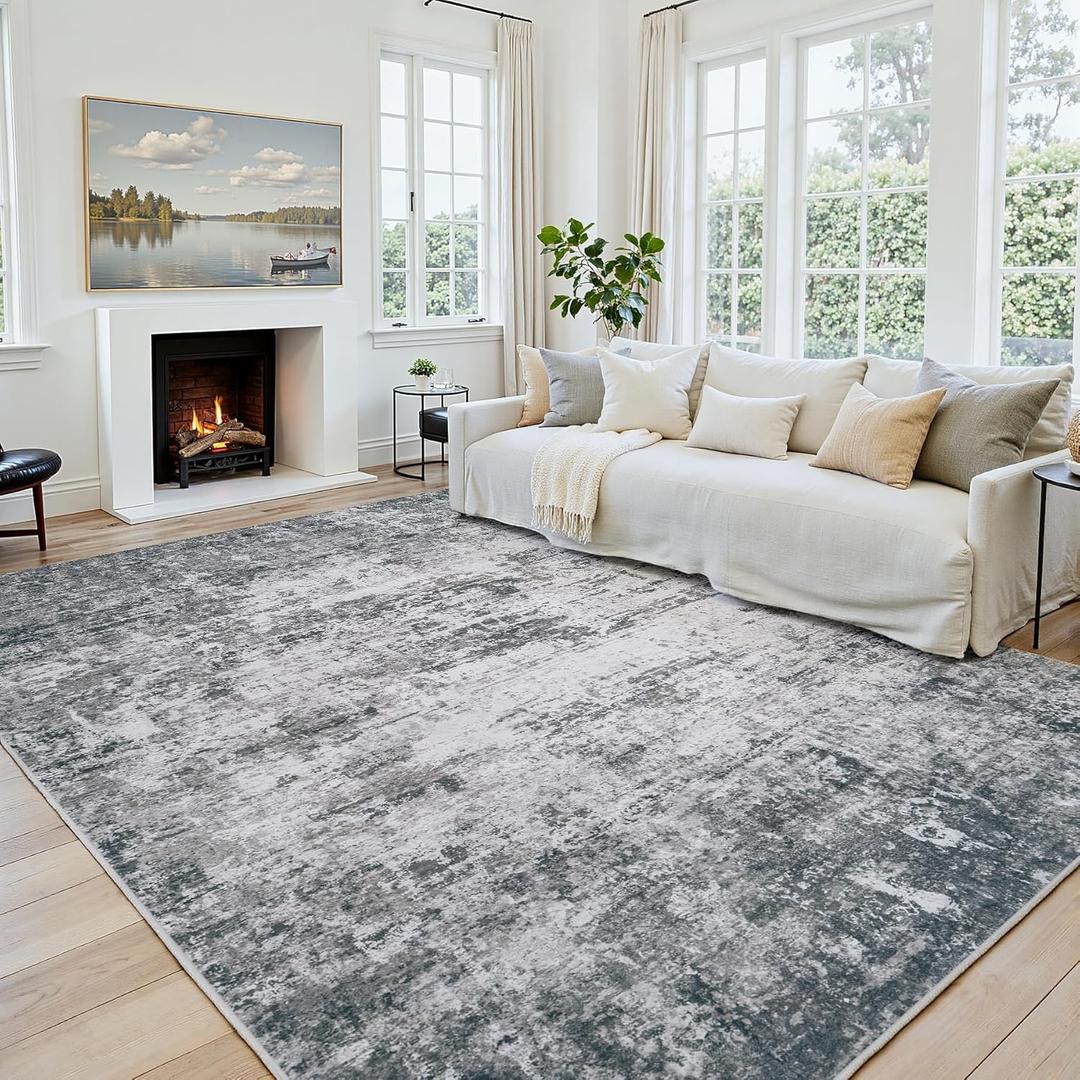 Area Rug 10x14 Living Room Rug Washable: No-Slip Abstract Soft Thin Large Gray White Rugs, Indoor Floor Stain Resistant Modern Carpet for Bedroom Dining Room Farmhouse Nursery Home Office