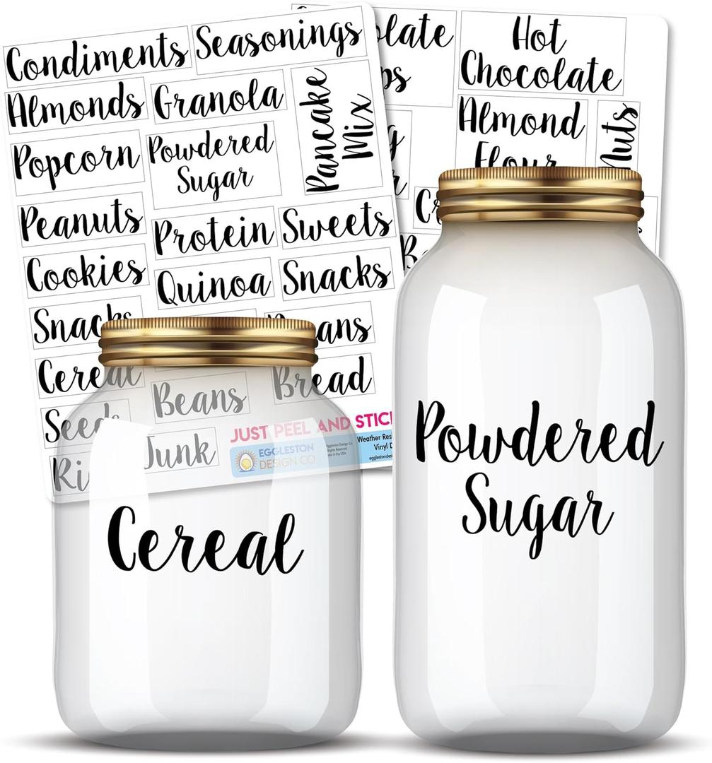 Kitchen Pantry Organization Label Decal Stickers for Jars, Containers, and Canisters Flour, Coffee, Sugar, Tea 40 Pack