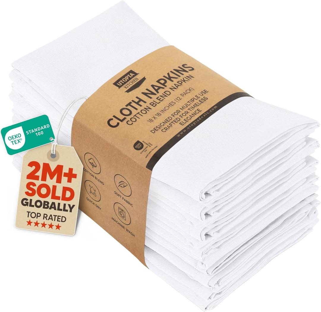 Utopia Kitchen White Cloth Napkins [12 Pack, 18x18 Inch] Absorbent Cotton Blend Washable and Reusable for Dinner, Restaurant, Lunch, Wedding and Hotel