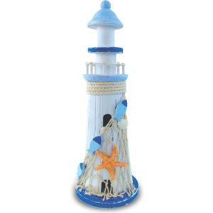 Puzzled COTA Global Light Blue Stripes Lighthouse Decor - Handmade and Crafted Wooden Lighthouse Decoration with Starfish, Decorative Beach Style Tabletop Centerpiece  11.5 Inch