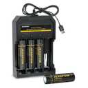 4 Pack Rechargeable Battery with Charger 3.7V Flat Top, Batteries for Headlamps, Flashlight, Camera, Small Fan, Outdoor Garden Lights