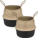 2Pcs Basket for Plant Artificial Trees, 13x11 Inch Seagrass Wicker Pots, Woven Planter Set Eco-Friendly Round Boho Holder Base with Handles for Home Decor Indoor Storage Solution, Black Bottom Pattern