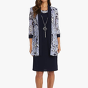 R&M Richards 2PC Puff Print Jacket W/Solid Shift Dress & Detachable Necklace, Size 6, Navy/Lavender