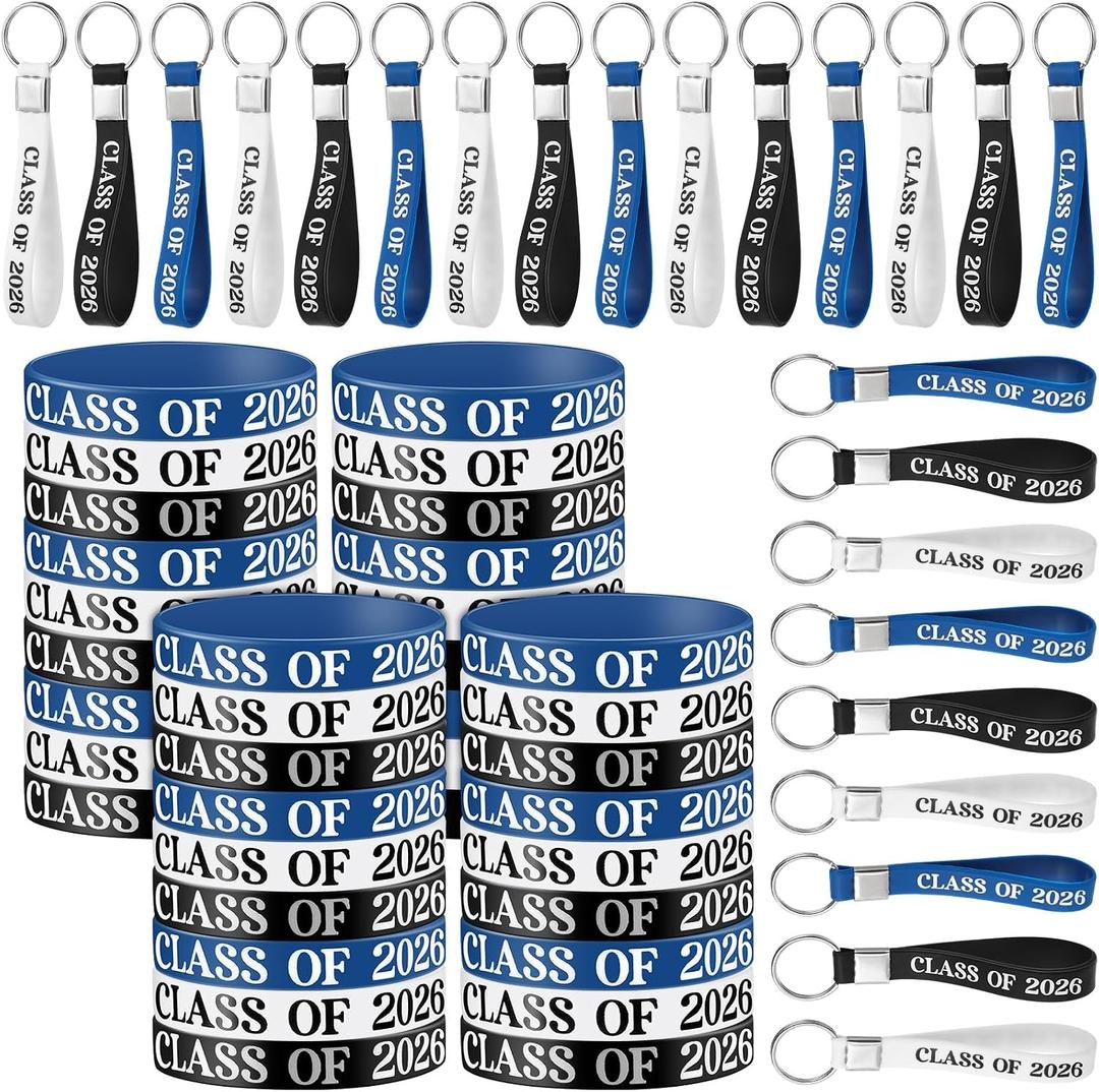 Seenelling 100 Pcs Graduation Wristbands and Keychains Class of 2026 Rubber Bracelets Keyrings Bulk for Guest Gifts Parties Events and Decorative Accessories(Black,White,Blue)