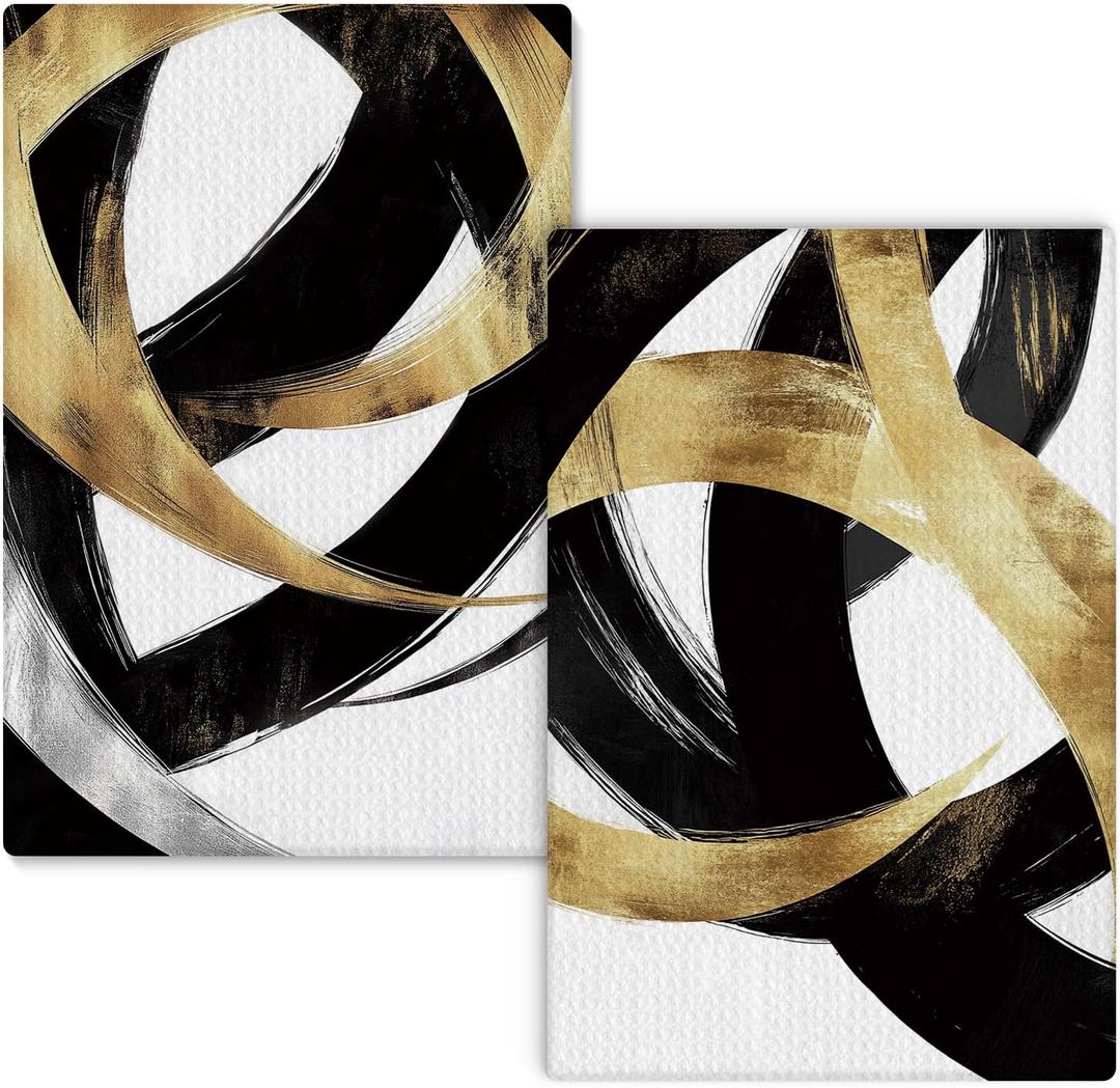 Modern Black and Gold Kitchen Towels, Abstract Black White and Gold Hand Towels for Bathroom Decor, Minimalist Dish Towels for Kitchen Decor, 16x24 Inch (Set of 2)(Style 08)
