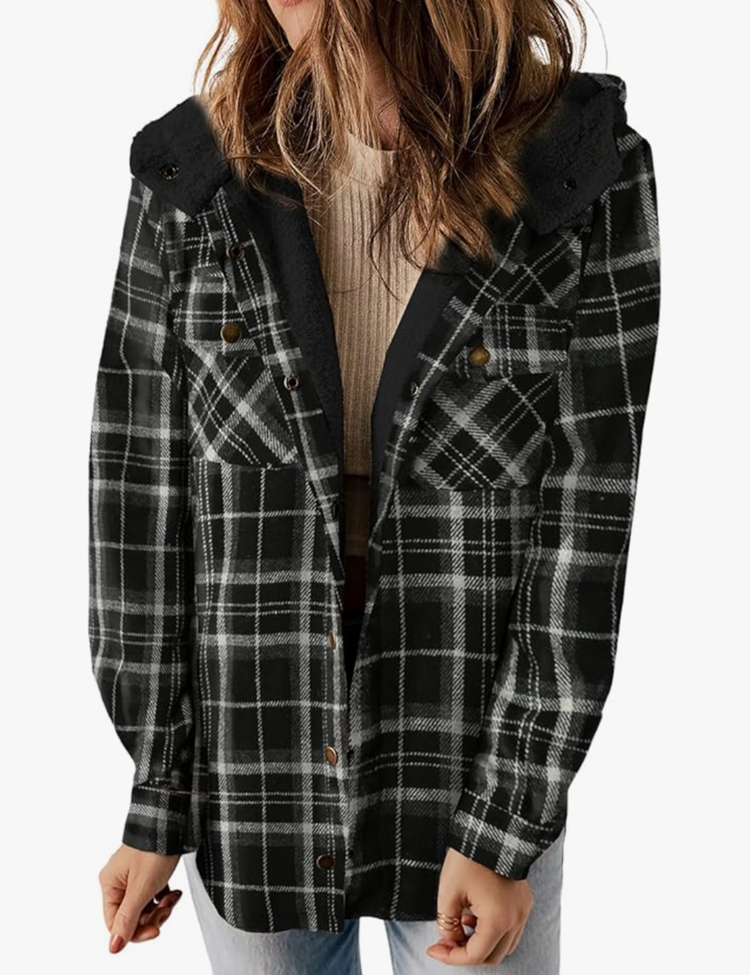 Dokotoo Womens Plaid Shacket Jacket Long Sleeve Button Down Fleece Hooded Jackets Warm Coat, 

Size-XL