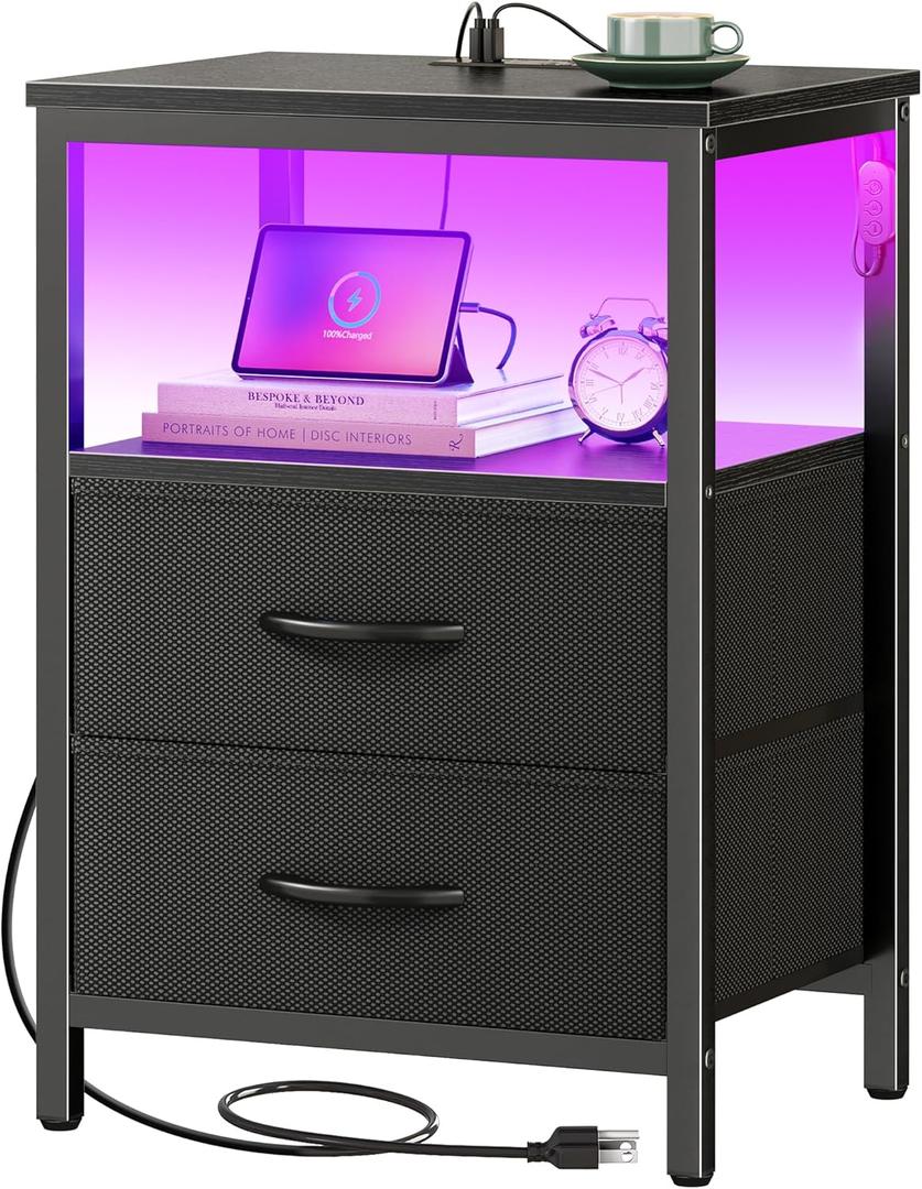Huuger Night Stand with Charger Station and LED Lights, 2 Drawer Nightstand, Bed Side Table with Open Shelf, End Table, Fabric Dresser for Bedroom, Black (11.8"D x 15.7"W x 23.6"H2 Drawers)