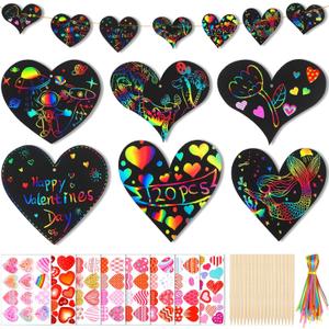 Crtiin 120 Set Valentine's Day Gift Cards DIY Crafts and Heart Scratch Paper 120 Heart Cards, Scratch Sticks, Ribbons and 20 Stickers for Valentines Holiday Birthday Wedding Party Favor