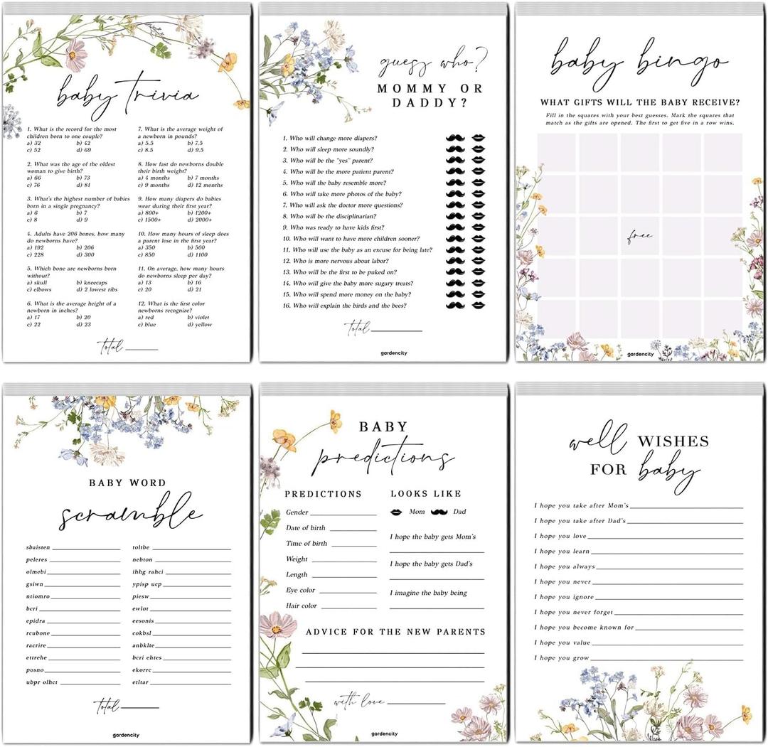Baby Shower Games Set for 25 Guests - 6 Fun Activities, 50 Double-Sided Cards (Floral)