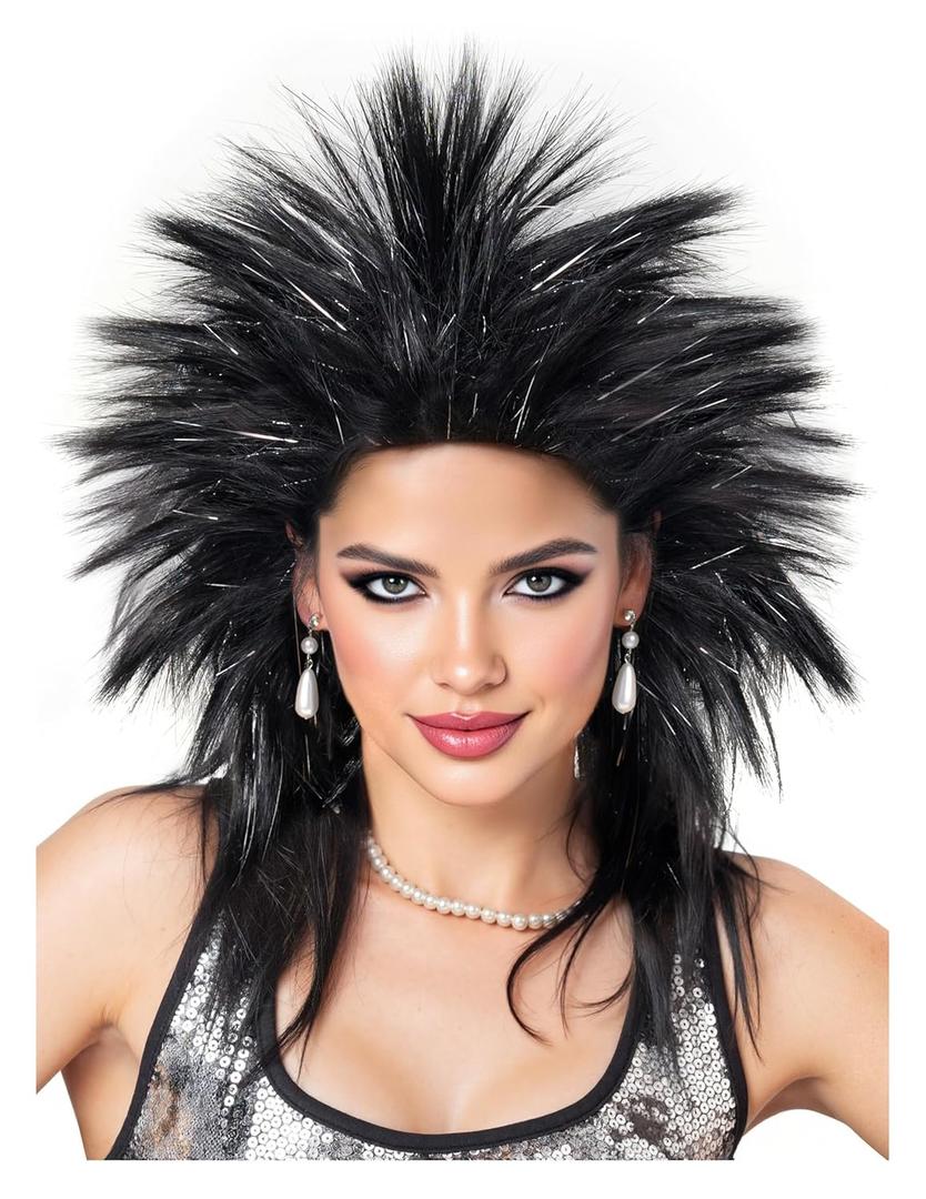 Spooktacular Creations Halloween Black Spiked Rock in Roll Wig with Earrings and Necklace,80s Diva Wig Women Rockstar for Adult Big Spiky Hair Black Rock Star Costume Cosplay Dress-up Party Accessory