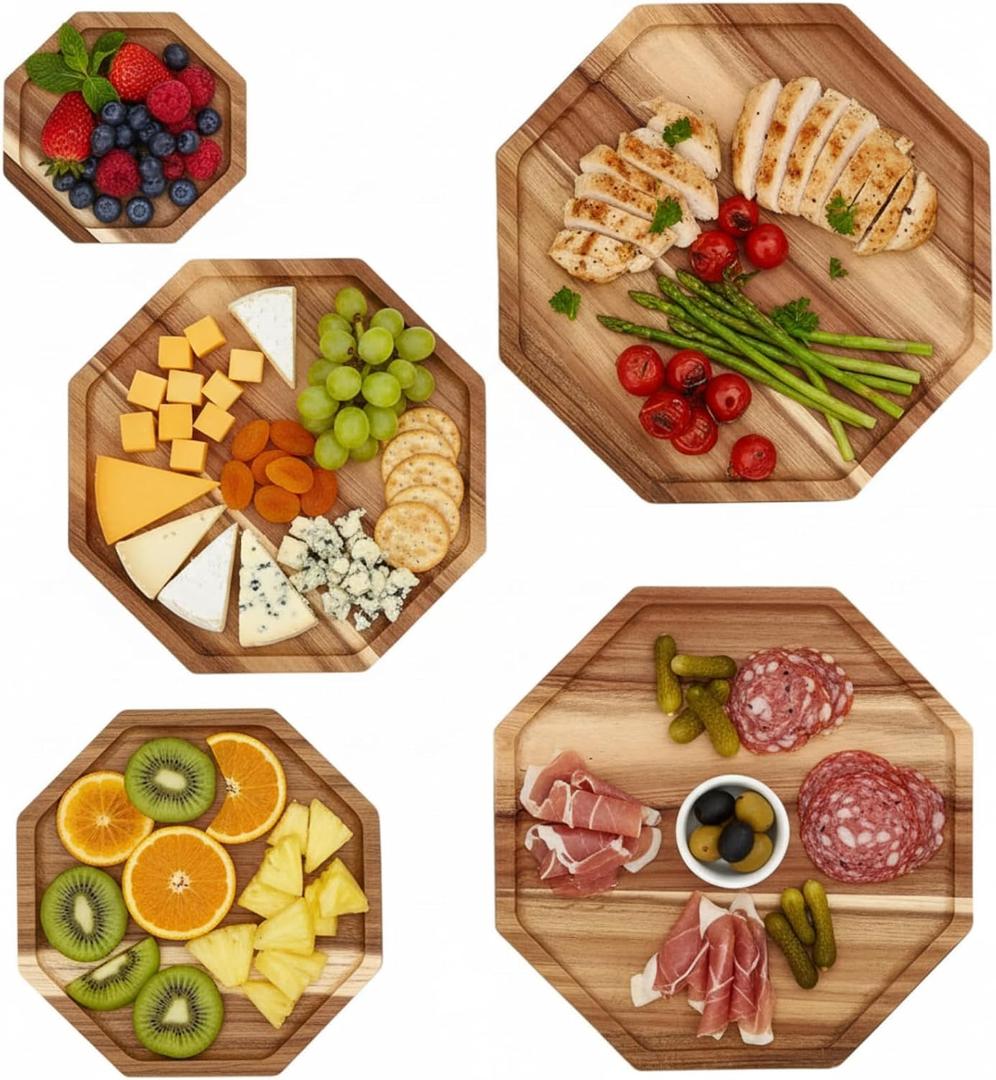 LemonRoad 5 Pack 14'' Acacia Wood Serving Trays Wooden Octagon Serving Platter Charcuterie Boards for Bread Fruit Food Dish Cheese Hosting Essentials Decorative Plate (14'', 12'', 10'', 8'', 6'')