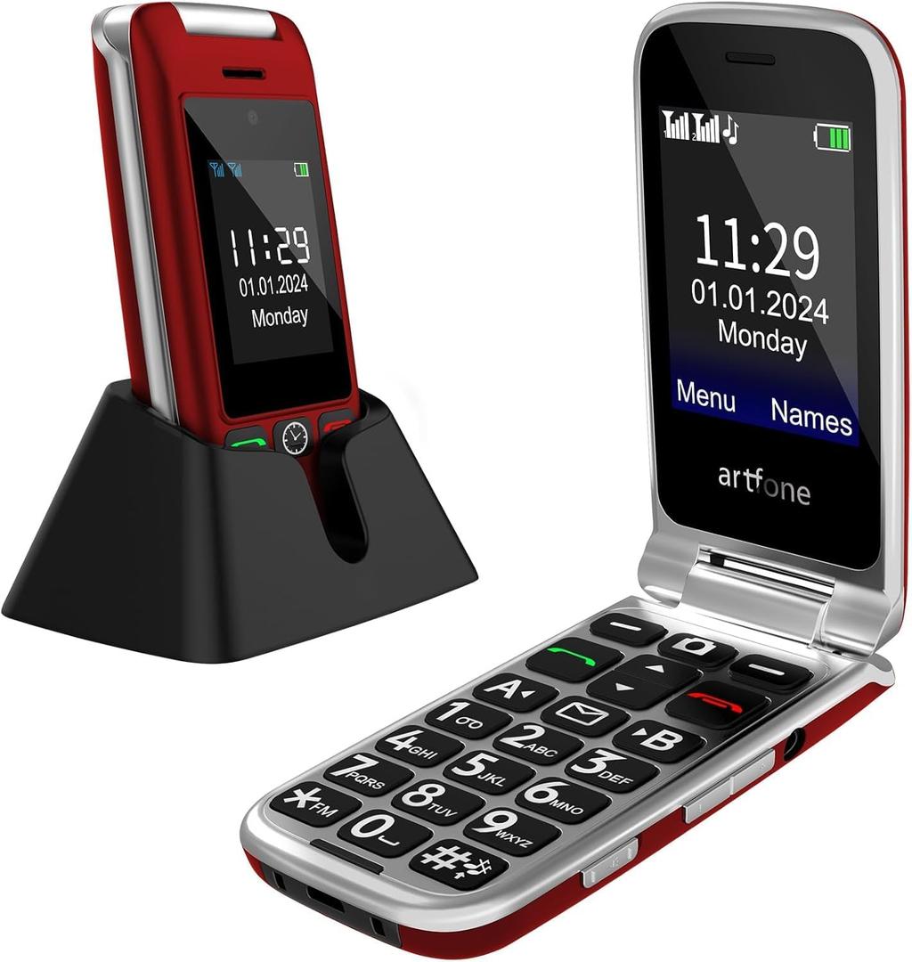 artfone G6 Flip Phone for Seniors, 4G Unlocked Basic Phone, 2.4"+1.8" Screen, SOS Button, Speed Dial, Hans-Free, Big Buttons, Bluetooth, Camera, FM Radio, Charging Dock, Voice Time, Caller-ID, Red