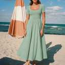 ZESICA Summer Dresses for Women 2026 Elegant Classy Square Neck Short Sleeve Flowy Cocktail Party Midi Dress Light Green L (Green, L)