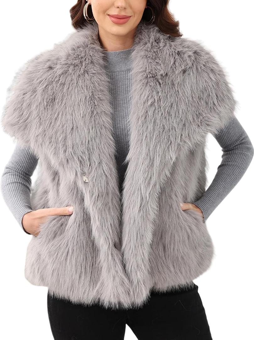 Gihuo Women' s Faux Fur Vest Lapel Collar Sleeveless Furry Jacket Shaggy Jackets Warm Outerwear (Large, Grey)