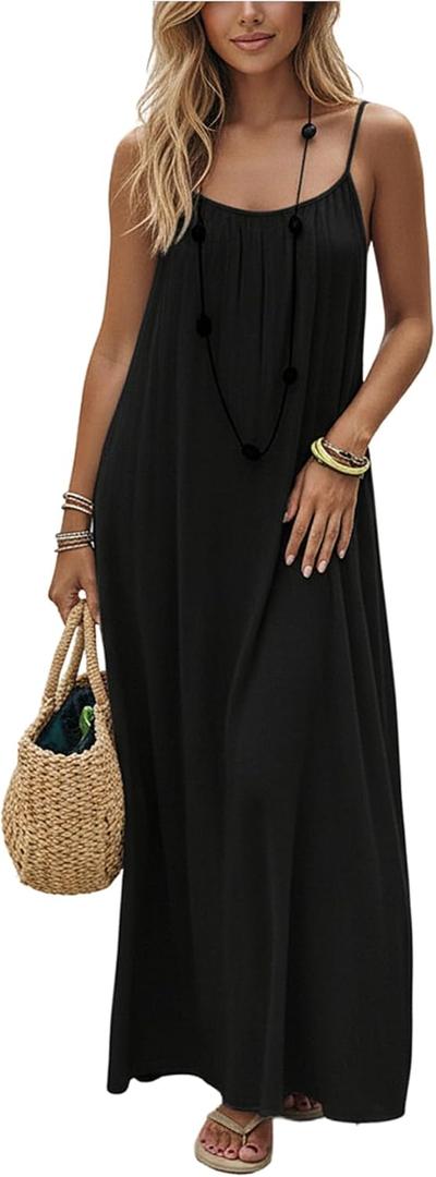 SHENHE Women's Open Back Spaghetti Strap Beach Maxi Dress Loose Flowy Vacation Sundress Black Large