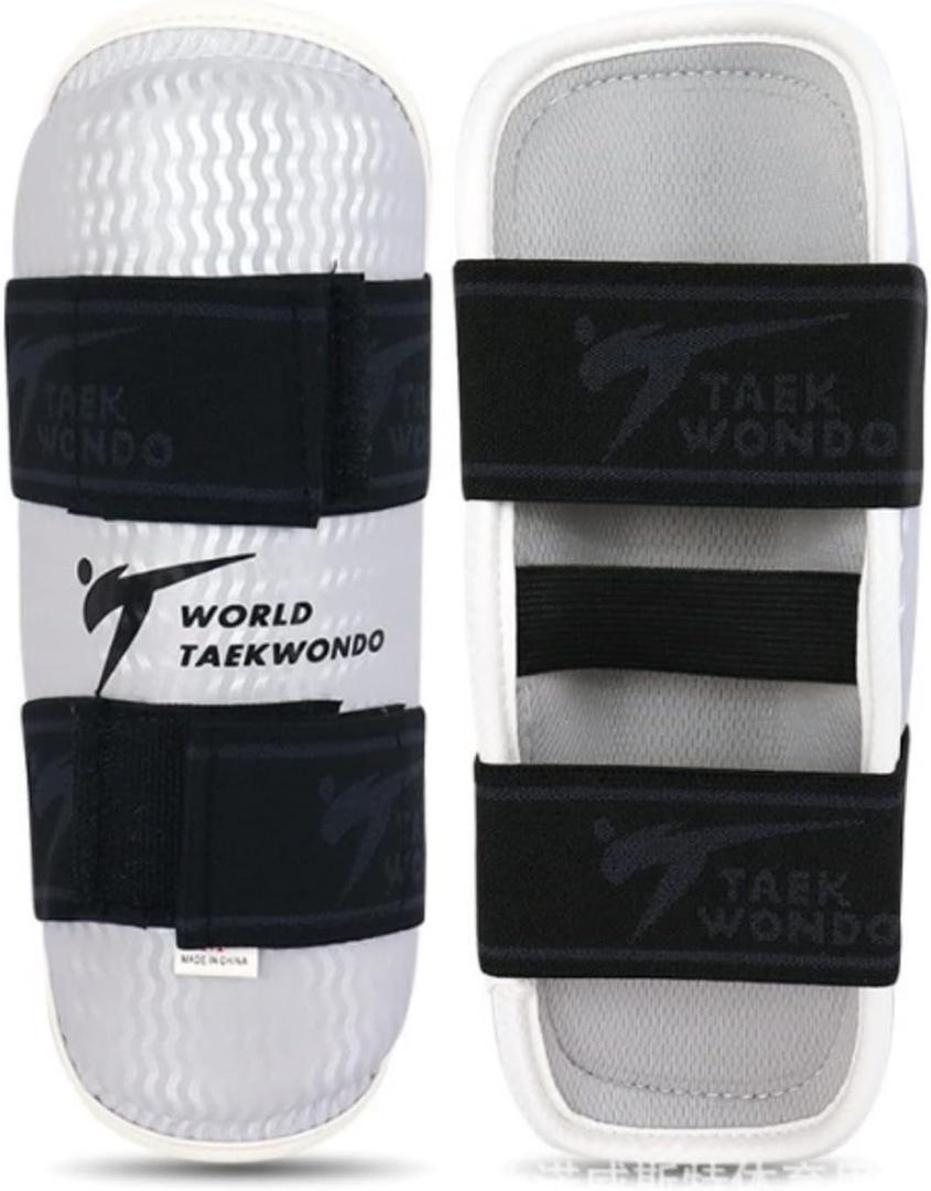Taekwondo Shin Protector Forearm Elbow Arm Guards, WT MMA Martial Arts Boxing Kickboxing Karate Sparring Muay Thi Training Match Gym School Academy for Men Women Kids (Medium, White Shin Guards)