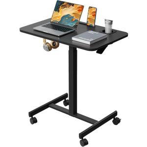 Mobile Standing Desk, Rolling Laptop Cart Adjustable Height with Cup Holder, 28 inch Portable Table with 4 Lockable Wheels, Black Computer Workstation with Hook and Slots for Home Office
