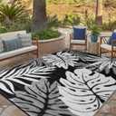 Outdoor Rug 9x12 ft Waterproof, Reversible Outdoor Plastic Straw Rug for Patios Clearance, Outdoor Area Rug Carpet RV Mat for Camping Backyard Deck Porch (Black&White-Leaves)