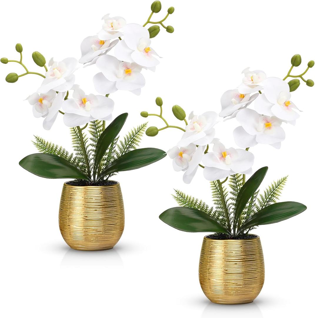 2 Pcs Orchids Artificial Flowers in Gold Ceramic Vase 13'' White Fake Flowers Phalaenopsis Faux Orchid for Home Office Wedding Party Dining Room Table Centerpiece Decoration