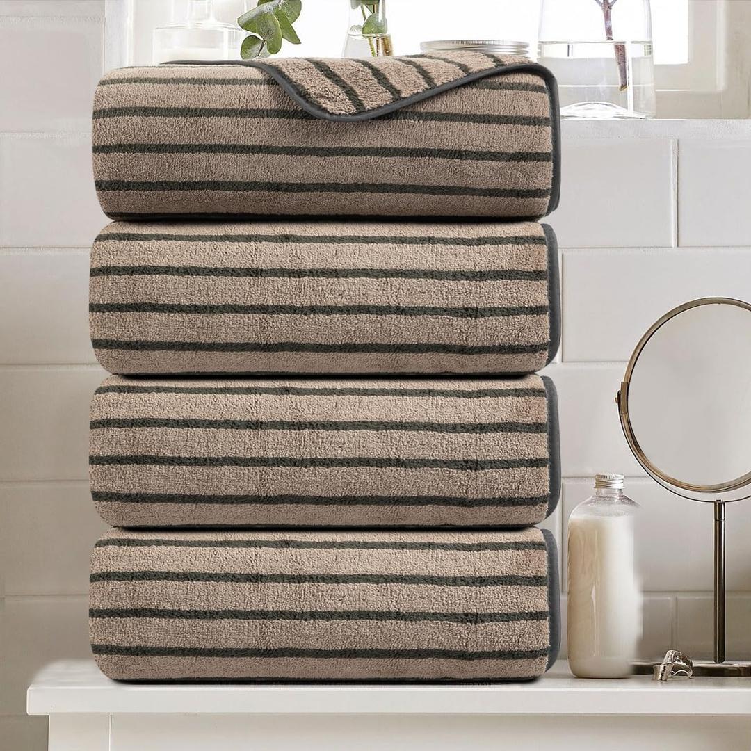 4 Piece Brown Cabana Stripe Large Bath Towels Oversized Bath Sheet Super Soft Breathable Jumbo Bathroom Towels Highly Absorbent Shower Towel Quick Dry Beach Chair Towel Spa Gym Hotel Towel Set