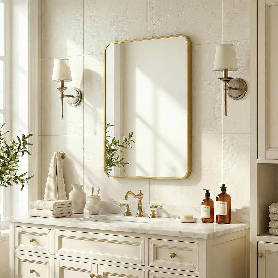 20X30 Inch Bathroom Mirror, Rectangle Aluminum Frame Mirror Anti-Rust, Wall Mounted Vanity Mirrors for Hangs Horizontally or Vertically, Mirror for Bedroom, Living Room and Entryway, Gold