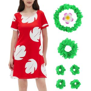 Women's Dress Costume With Pocket Hawaiian Red Dress Halloween Costume Cosplay Leaf Summer Dress (Red)