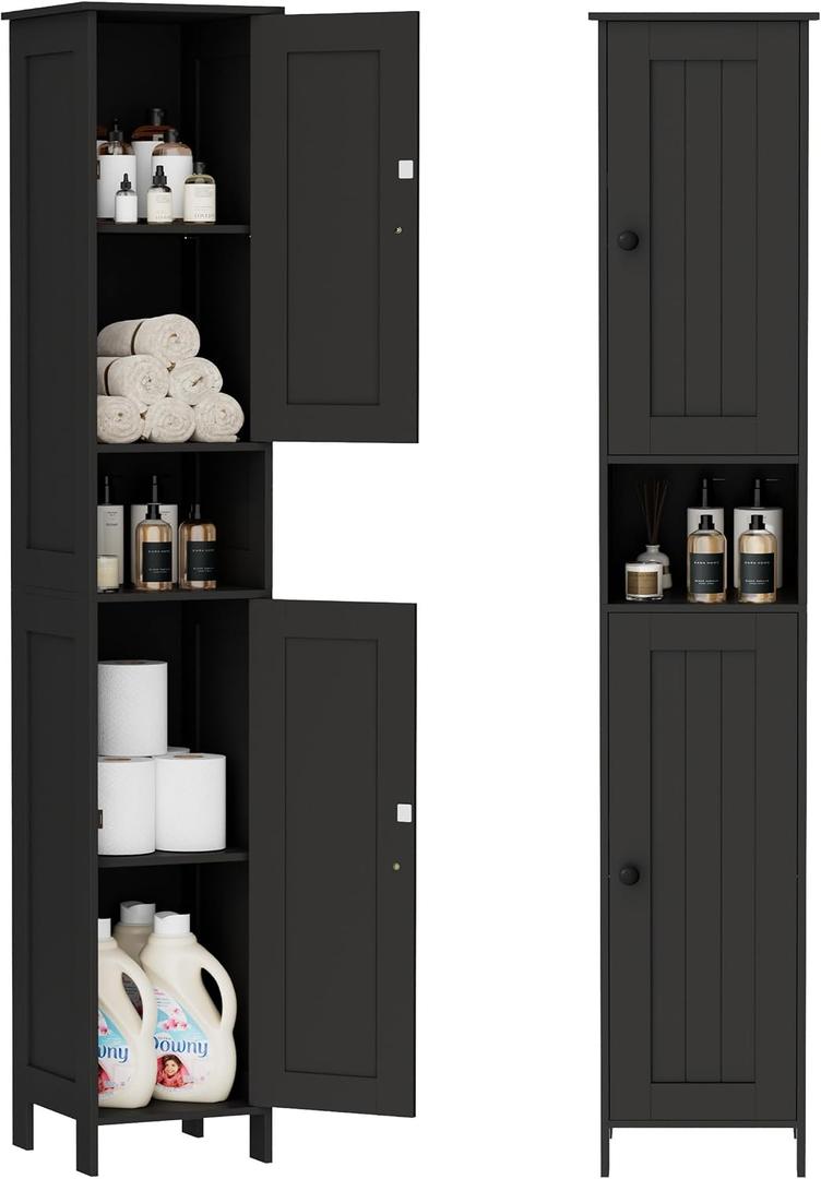 Homleke Tall Bathroom Storage Cabinet with 2 Doors, 67"H Narrow Storage Cabinet with Adjustable Shelves& Anti-Tip Design, Reversible Door Installation, Easy Assembly, 11.8 x 11.8 x 66.9 Inches, Black, 11.8d X 11.8w X 66.9h