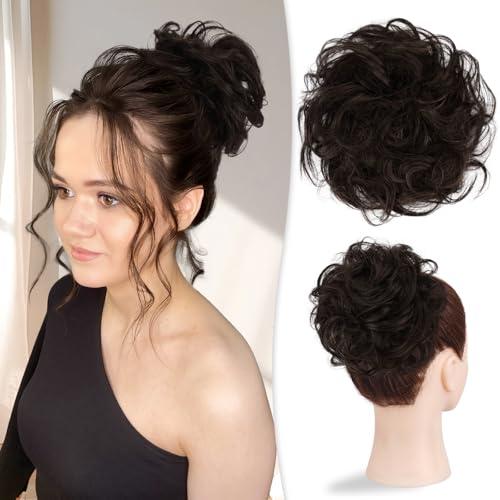 RUWISS Large Messy Bun Hair Piece 100% Human Hair Layered Wavy Curly Hair Buns Hair Piece for Women Updo Hairpiece for Daily Wear Real Hair Ponytail Extension (Dark Brown with 15% Dark Cocoa Blonde)