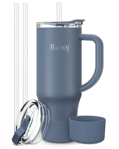 Renoj Insulated Mug 100% Leak Proof Insulated Water Bottle for Iced Coffee & Hot Drinks - Fits Car Cup Holder, Ideal Gift, 2 Straws & Silicone Boot - SnapShift Navy Blue 32 oz