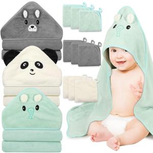 Sublaga 12 PCS Baby Towels, 3 PCS Soft Hooded Baby Towels & 9 PCS Washcloths, Baby Bath Towels for Newborns, Infants & Toddlers- Ultra Absorbent, Cute Baby Towel Gift for Boys & Girls