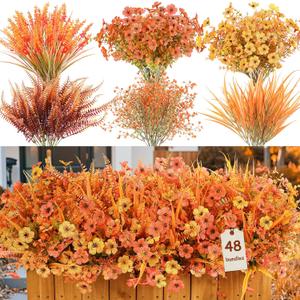 48 Bundles Artificial Fall Flowers for Outdoors Decoration, UV Resistant Silk Daisy with Eucalyptus and Realistic Fake Autumn Plants for Outside Indoor Yard Home Patio Decor, Fall Orange Red