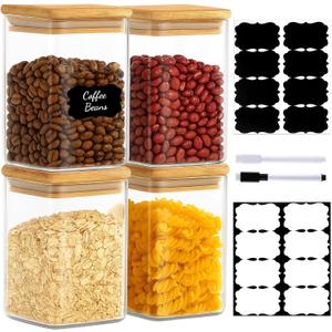 37oz(1.2Qt) Square Glass Storage Containers with Bamboo Lids  4 Pack Clear Food Airtight Glass Jars for Pantry Organizers and Storage, Kitchen Dry Food, Coffee, Sugar, Flour, Snacks, Spices