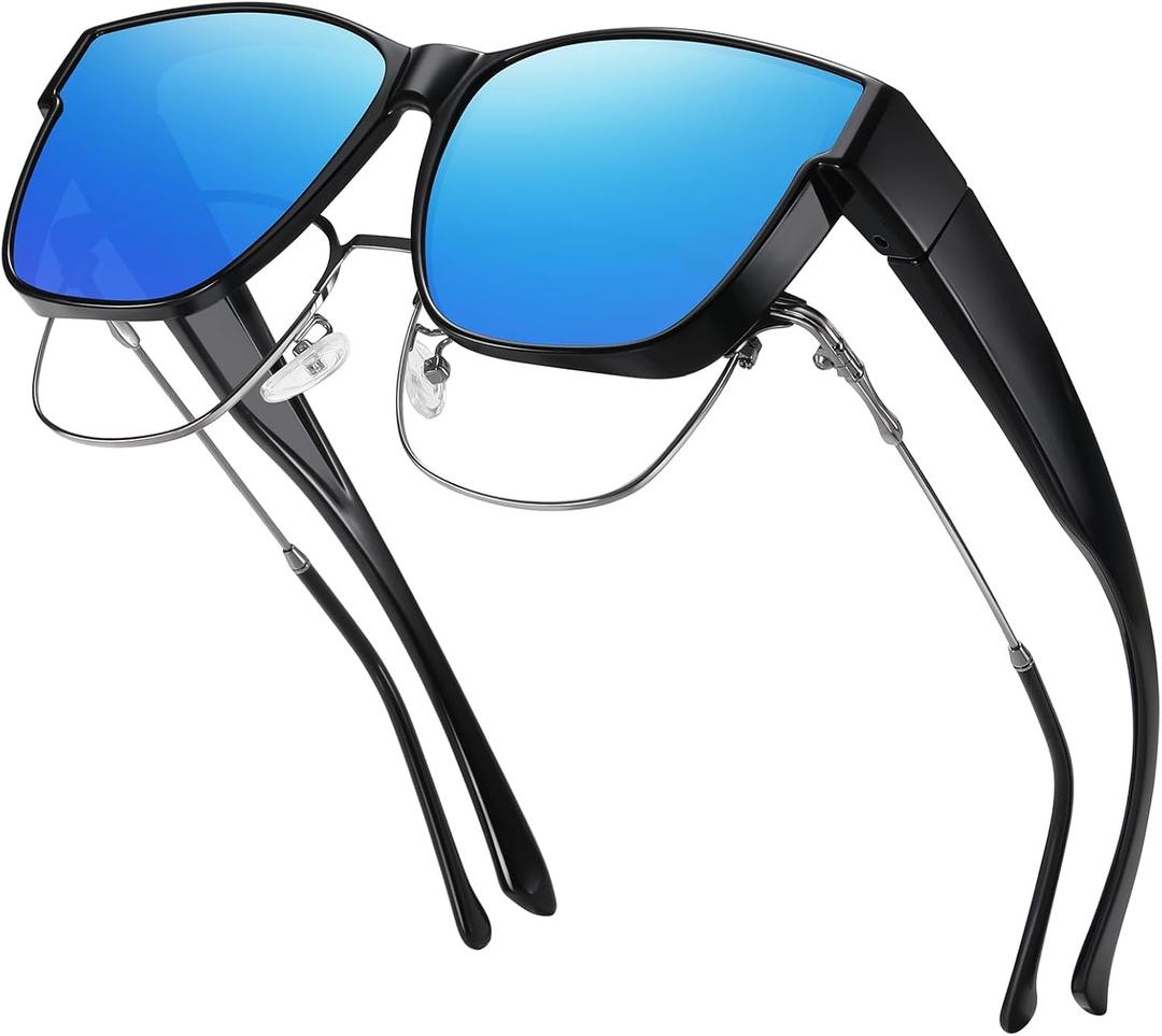GEGURI Polarized Sunglasses Fit Over Glasses for Men Women, Oversized Square Sun Glasses UV400 Protection Shades (Size L A08 Black/Blue)
