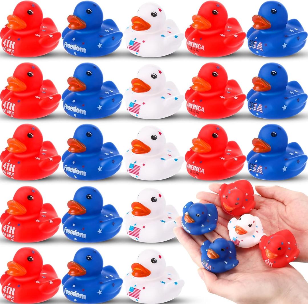 Sratte 50 Pcs Patriotic Rubber Ducks 2'' Blue Red White Mini Ducks in Bulk for USA 4th of July Memorial Day Independence Day Party Favors Decor Supplies Star Rubber Baby Bath Toys for Kids Adults