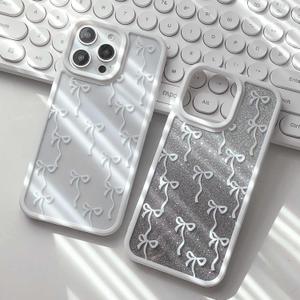 Bow Case for iPhone 15 Pro Max,Clear Slim Fit Pretty Aesthetic Bow Phone Case Cover for Women Girl,Soft Frame Hard Back Non-Yellowing Glitter Shimmer Protective Bowknot Pattern Case,White
