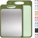 2 in 1 Stainless Steel Cutting Board with Handle 2 Packs Metal Chopping Board Solid Thick Wood Juice Groove Chopping Board Small Big Xl XXl xlarge Oversized Kitchen Counter Organic Vegetable Meat Kit (Morandi Green)