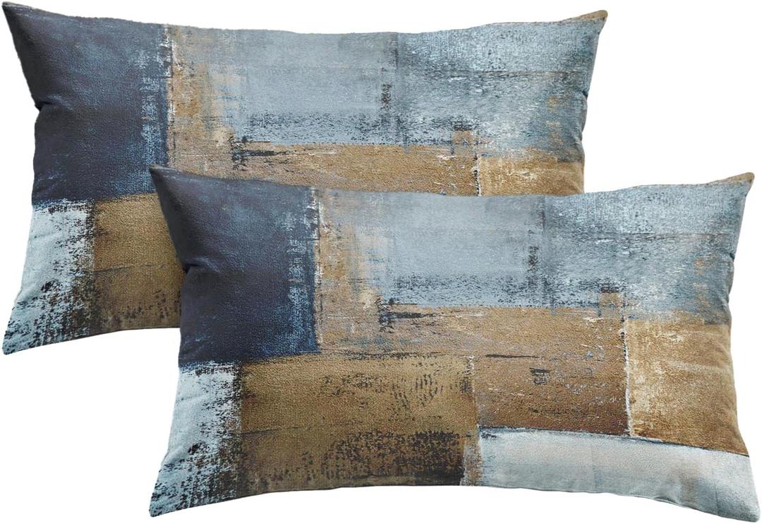 Britimes Throw Pillow Covers Modern Home Art Decor, 12 x 20 Inches Set of 2 Pillow Cases Decorative, Abstract Oil Painting Pillowcases for Bedroom, Living Room, Brown Blue (12" x 20" (Pack of 2), Brown Blue)