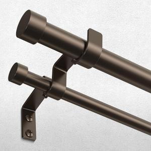 Bronze Double Curtain Rod, 36 to 72 Inch Dual Curtain Rods with Aluminium Modern End Cap Finials, 1 Inch Adjustable Heavy Duty Window Treatment Rods, Telescopic Metal Double Drapery Pole Set