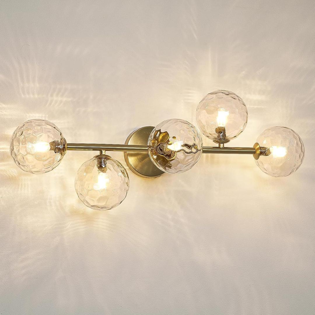 5 Lights Bathroom Vanity Light,Brushed Gold Globe Bathroom Light Fixtures | Hammered Clear Glass Wall Sconce Lighting,Mid Century Modern Brass Bubble Glass Bathroom Vanity Lights over Mirror,G9 Base