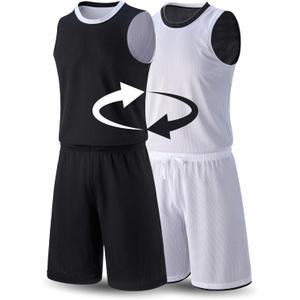 1 Set of Men's Reversible Basketball Jersey and Shorts, Double-Sided Custom Athletic Uniforms for Team Sports Practice (X-Large, Black/White)