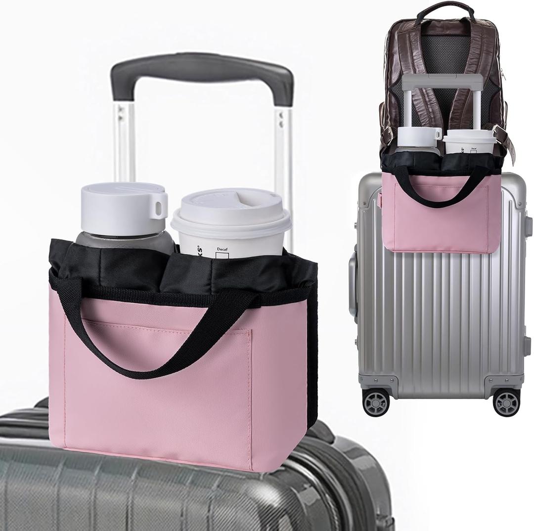 Luggage Cup Holder - Multifunctional Travel Caddy - Fits Suitcase Handles, Also, as a Stroller & Automotive Cup Holder - Pink